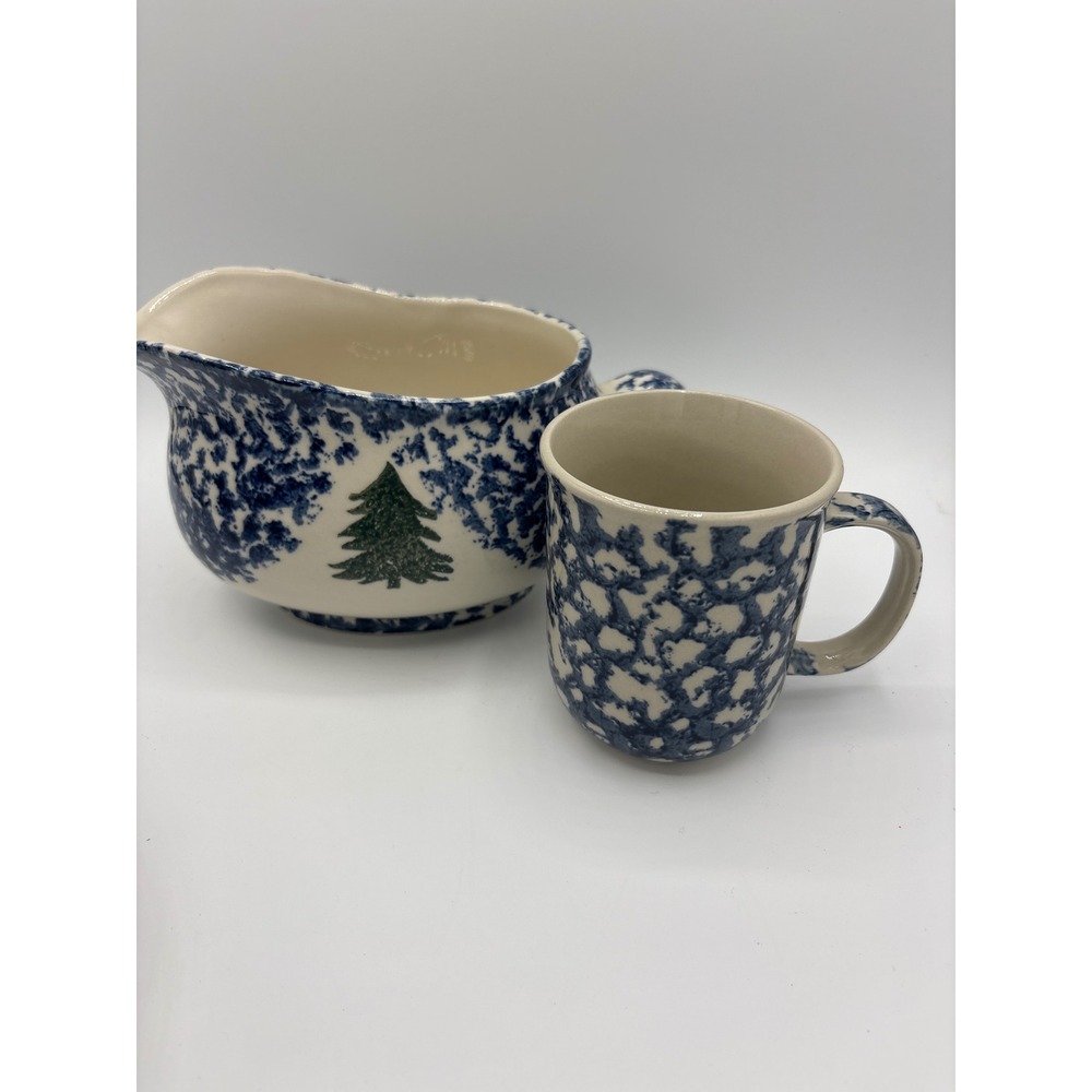 Vintage Tienshan Folk Craft Cabin in the Snow Gravy Boat Cup Spongeware Ceramic